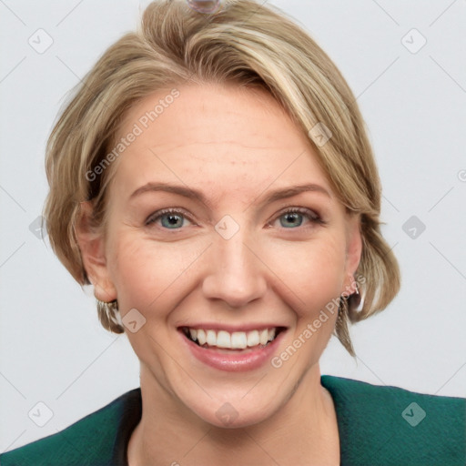 Joyful white adult female with medium  brown hair and blue eyes