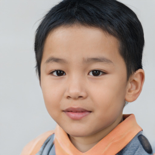 Joyful asian child male with short  brown hair and brown eyes