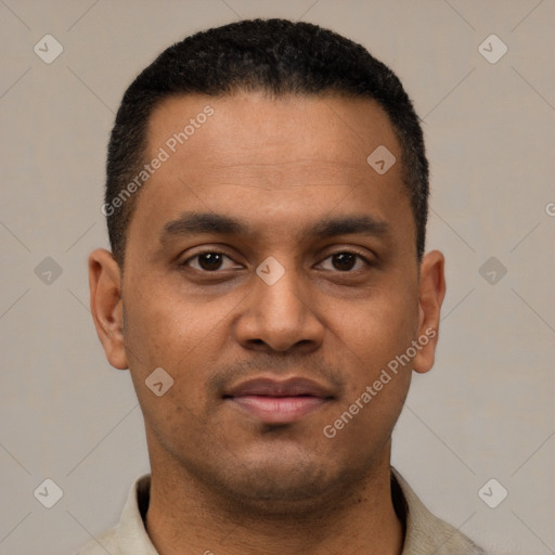 Neutral latino young-adult male with short  black hair and brown eyes
