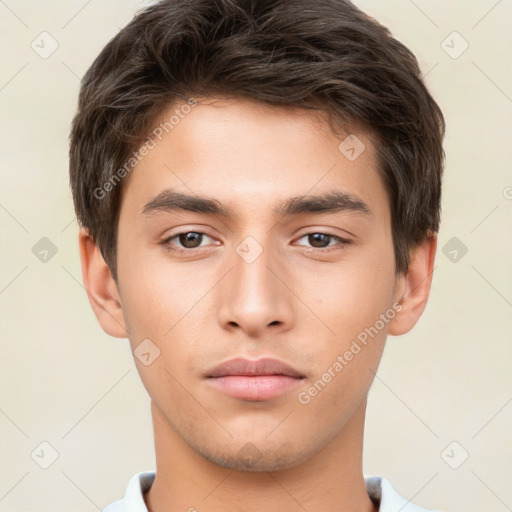 Neutral white young-adult male with short  brown hair and brown eyes