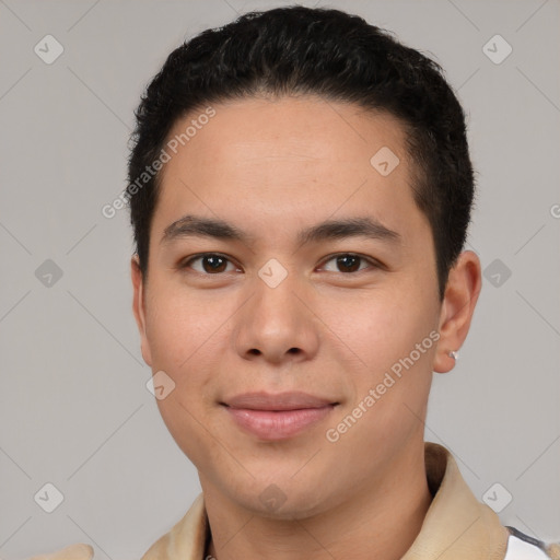 Joyful asian young-adult male with short  black hair and brown eyes