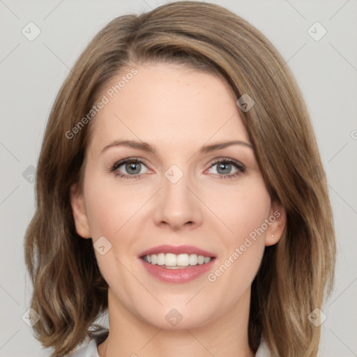 Joyful white young-adult female with medium  brown hair and green eyes