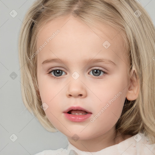 Neutral white child female with medium  brown hair and blue eyes