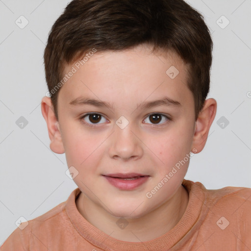 Joyful white child male with short  brown hair and brown eyes