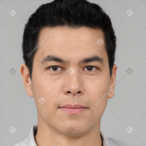 Neutral latino young-adult male with short  black hair and brown eyes