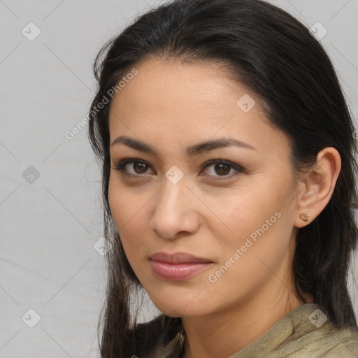 Joyful latino young-adult female with long  brown hair and brown eyes