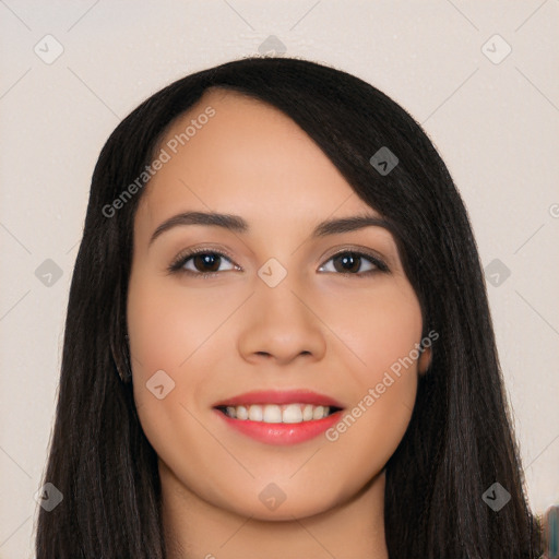 Joyful white young-adult female with long  black hair and brown eyes