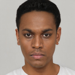 Neutral black young-adult male with short  black hair and brown eyes