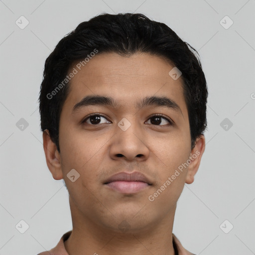 Neutral latino young-adult male with short  black hair and brown eyes