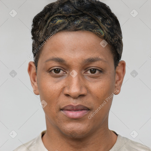 Joyful black young-adult female with short  black hair and brown eyes