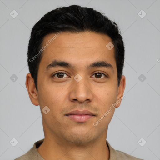 Neutral latino young-adult male with short  black hair and brown eyes