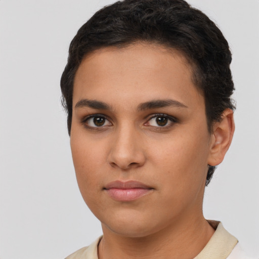 Neutral latino young-adult female with short  brown hair and brown eyes