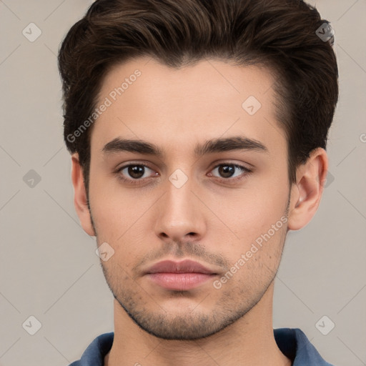 Neutral white young-adult male with short  brown hair and brown eyes