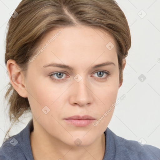 Neutral white young-adult female with medium  brown hair and grey eyes