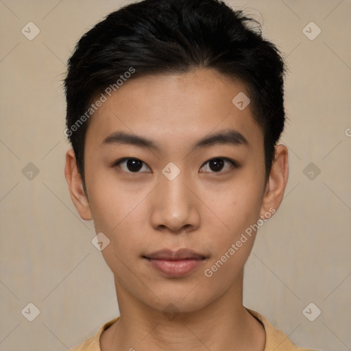 Neutral asian young-adult male with short  black hair and brown eyes