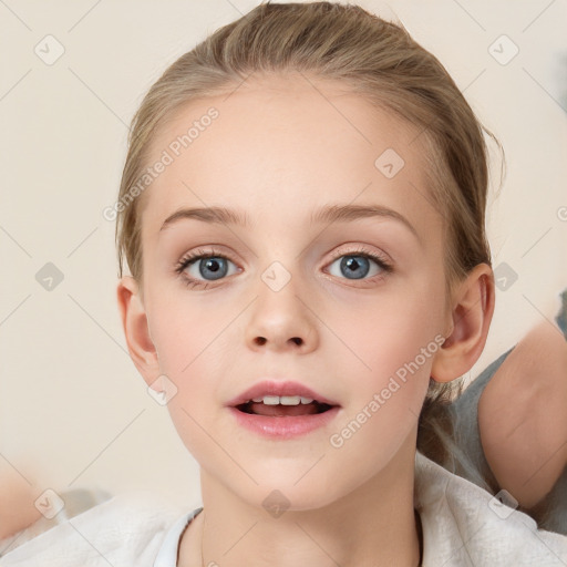 Joyful white child female with medium  brown hair and blue eyes