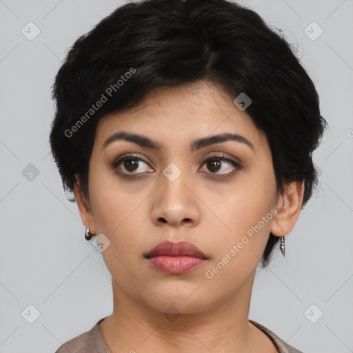 Neutral asian young-adult female with short  black hair and brown eyes