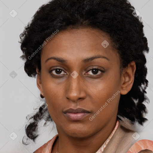 Neutral black young-adult female with medium  brown hair and brown eyes