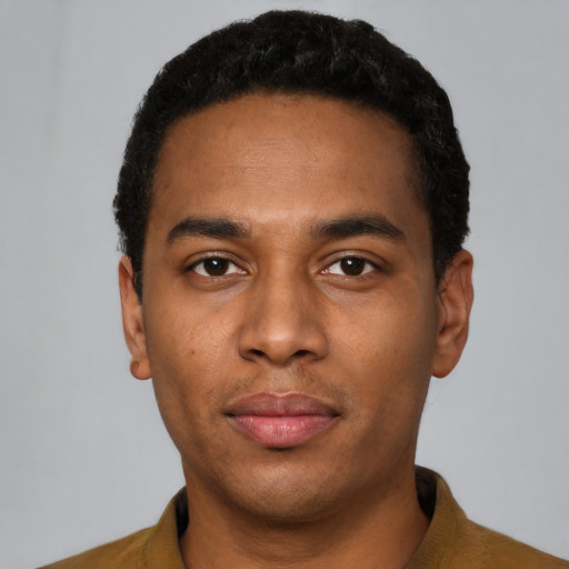 Neutral black young-adult male with short  black hair and brown eyes
