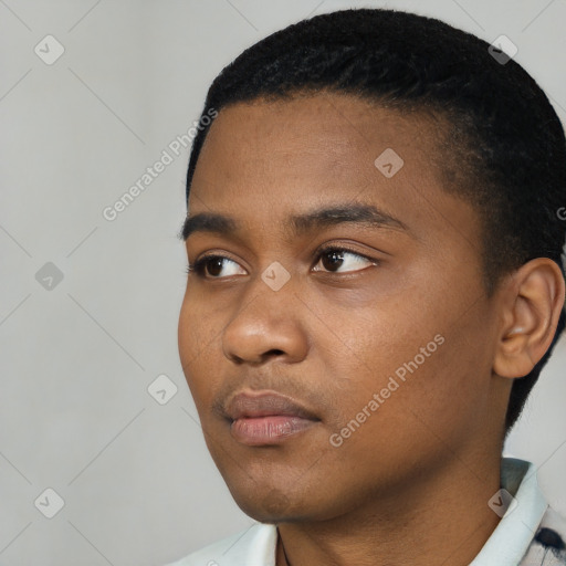 Neutral black young-adult male with short  black hair and brown eyes