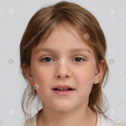 Neutral white child female with medium  brown hair and grey eyes