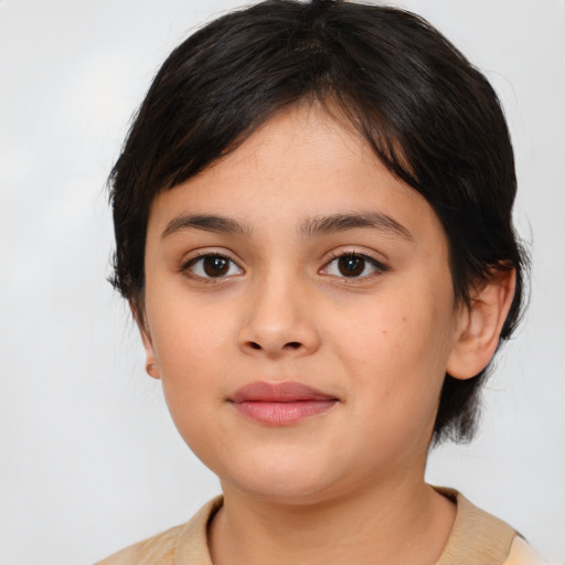 Joyful white child female with medium  brown hair and brown eyes