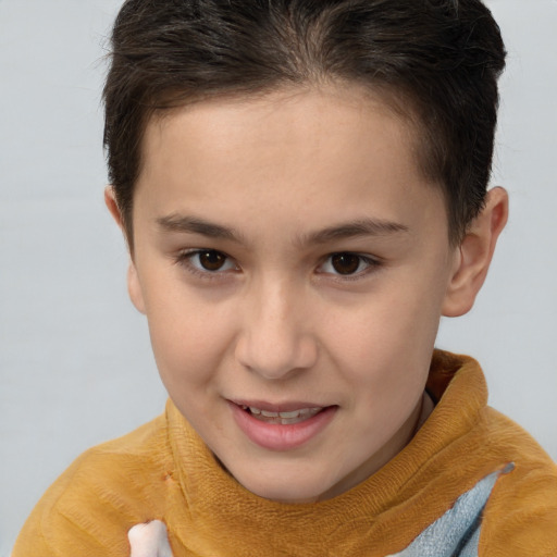 Joyful white child female with short  brown hair and brown eyes