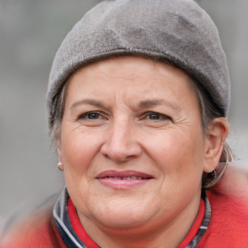 Joyful white adult female with short  brown hair and blue eyes