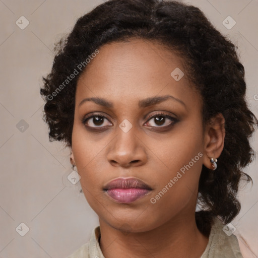 Neutral black young-adult female with medium  brown hair and brown eyes