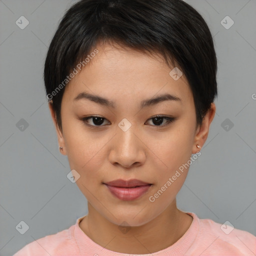 Joyful asian young-adult female with short  brown hair and brown eyes