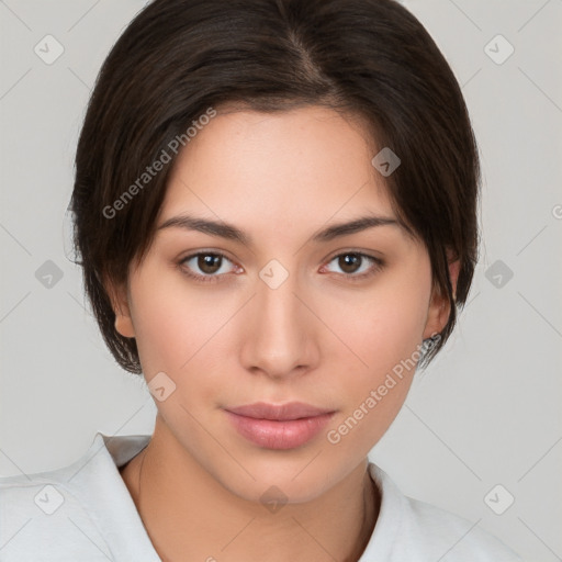 Neutral white young-adult female with medium  brown hair and brown eyes