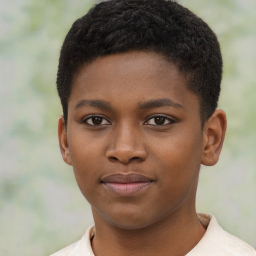 Joyful black child female with short  brown hair and brown eyes