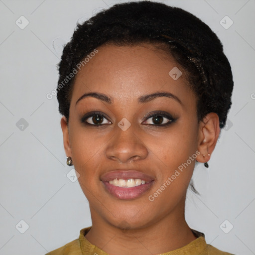 Joyful latino young-adult female with short  black hair and brown eyes