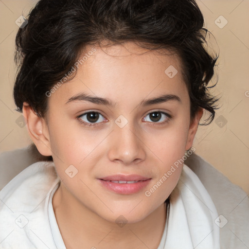 Joyful white child female with medium  brown hair and brown eyes