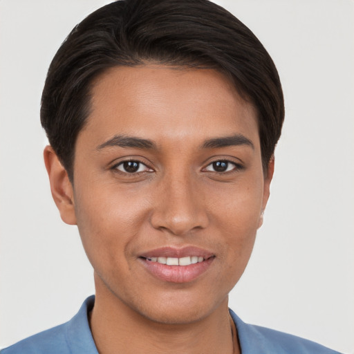 Joyful white young-adult female with short  brown hair and brown eyes