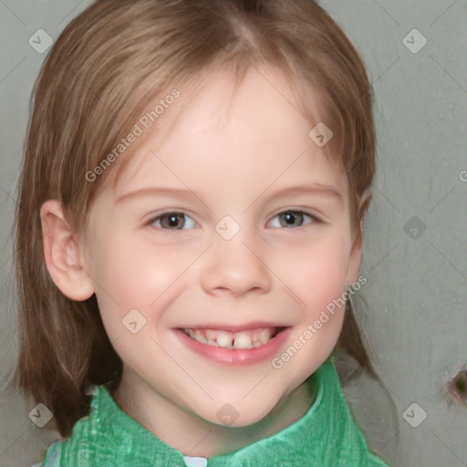 Joyful white child female with medium  brown hair and brown eyes