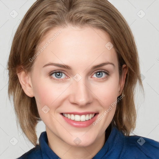 Joyful white young-adult female with medium  brown hair and blue eyes