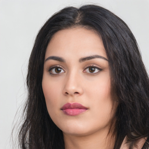 Neutral asian young-adult female with long  black hair and brown eyes