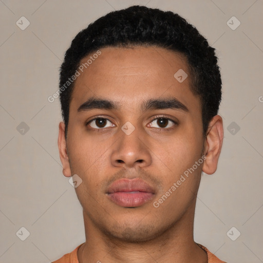 Neutral latino young-adult male with short  black hair and brown eyes