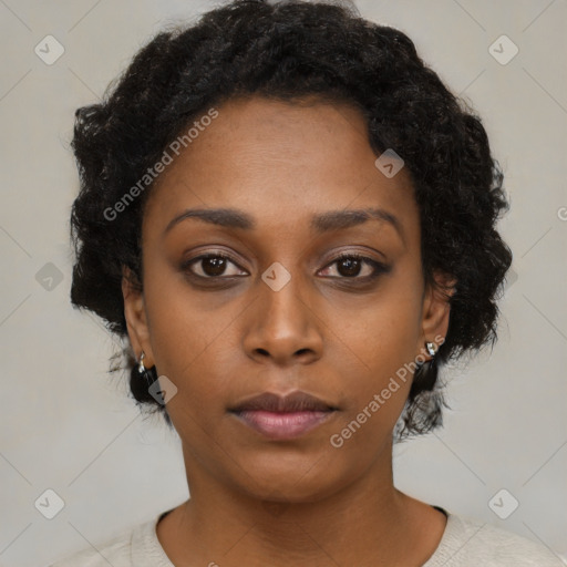 Neutral black young-adult female with short  black hair and brown eyes