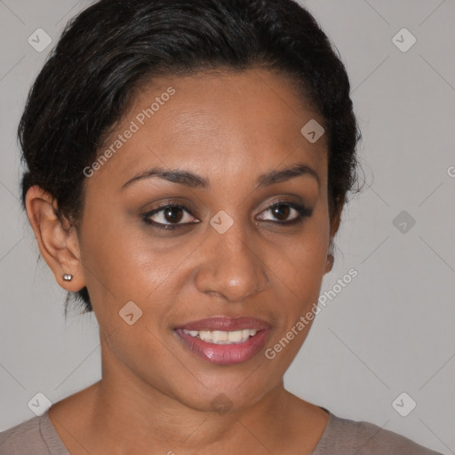 Joyful latino young-adult female with short  brown hair and brown eyes