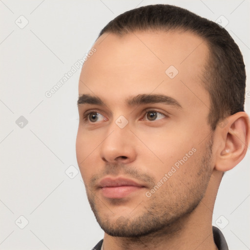 Neutral white young-adult male with short  brown hair and brown eyes