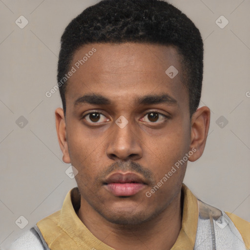 Neutral latino young-adult male with short  black hair and brown eyes
