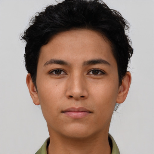 Neutral asian young-adult female with short  brown hair and brown eyes