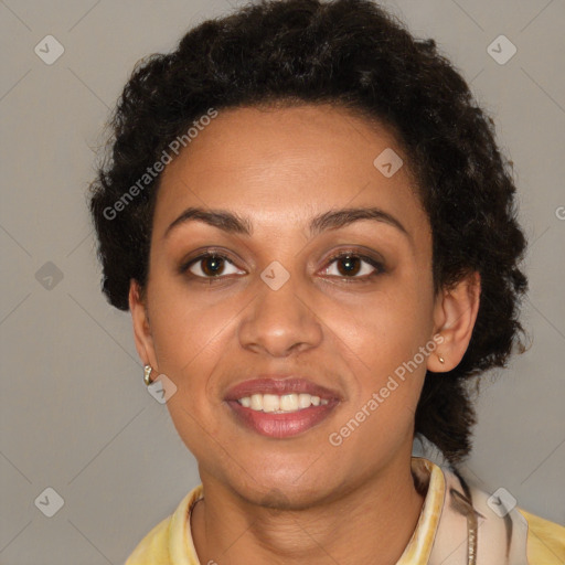 Joyful latino young-adult female with short  brown hair and brown eyes