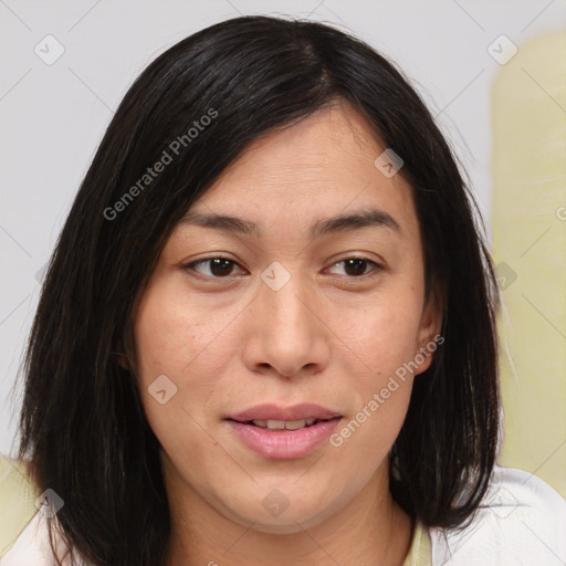 Joyful white young-adult female with medium  brown hair and brown eyes