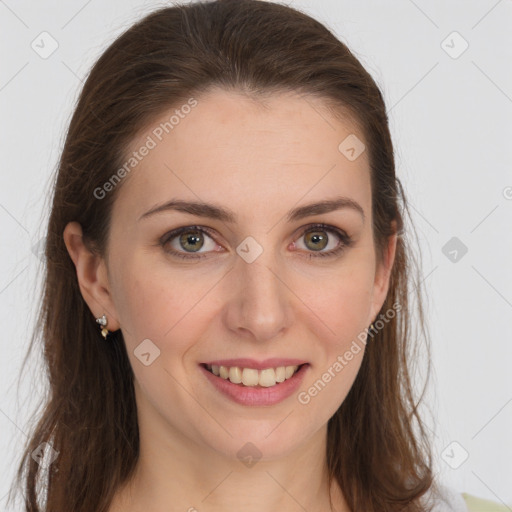 Joyful white young-adult female with long  brown hair and grey eyes