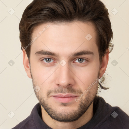 Neutral white young-adult male with short  brown hair and brown eyes