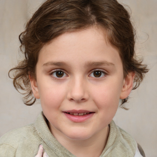 Joyful white child female with medium  brown hair and brown eyes