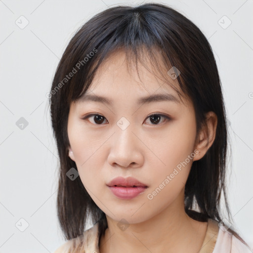 Neutral asian young-adult female with medium  brown hair and brown eyes